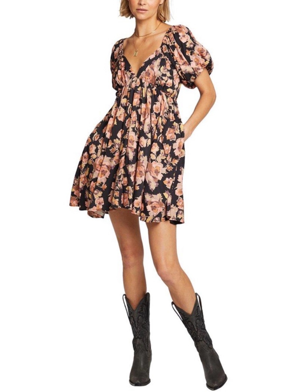 saltwater LUXE Black Mini Dress with Peach Floral Print